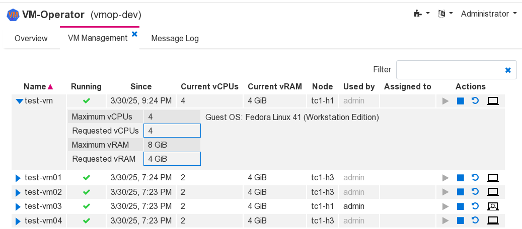 VM-Operator admin GUI view